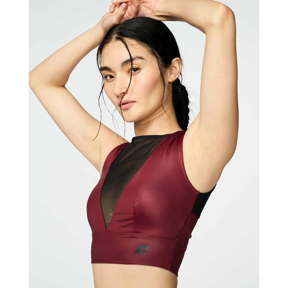 Burgundy Mesh-Panel Sports Bra Crop Top